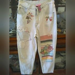 VINTAGE JEANS FANTASTIC EMBROIDERY/ PATCHWORK SZ. 8  100%COTTON/ TRIM IS LINEN